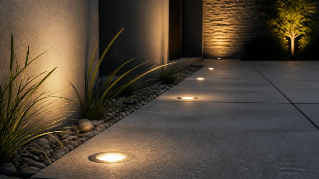 Flush‑mount in‑ground LED lights on concrete patio beside garden plants
