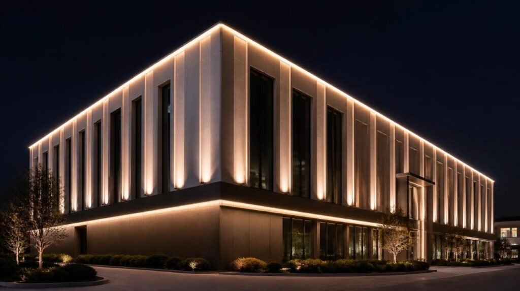 Linear Facade Lighting illuminating modern commercial building exterior at night