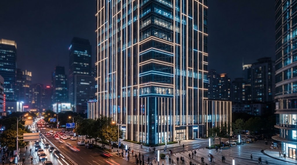 Urban high‑rise with stylish Linear Facade Lighting at night