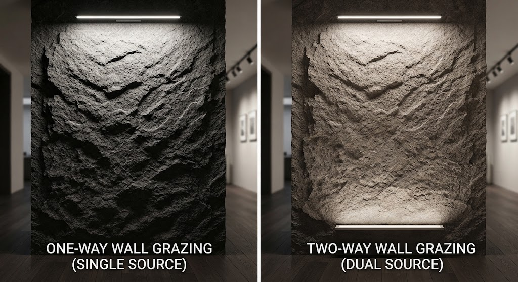 One‑way vs two‑way wall grazing lighting effect comparison