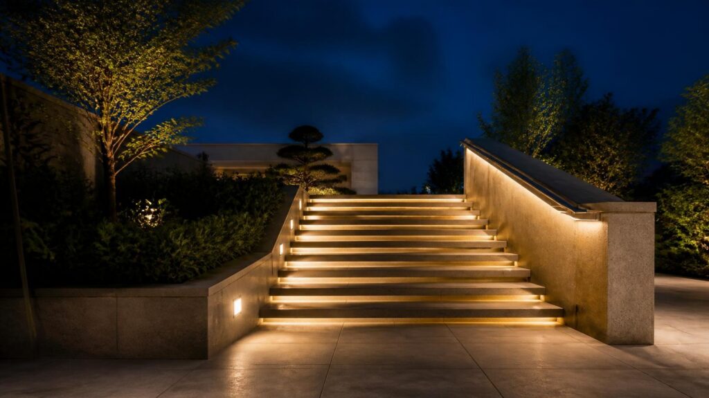 Grand stone outdoor staircase with warm LED outdoor staircase lighting at night