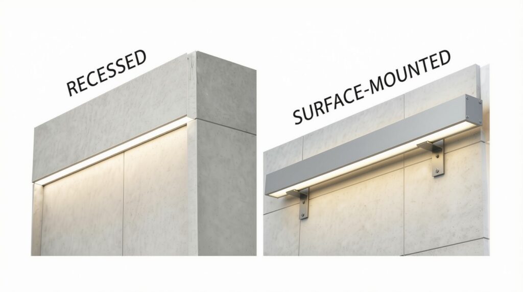 Recessed & surface‑mounted Linear Facade Lighting installation comparison