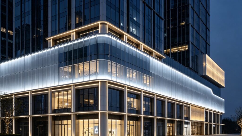 Curved building facade lit by sleek Linear Facade Lighting