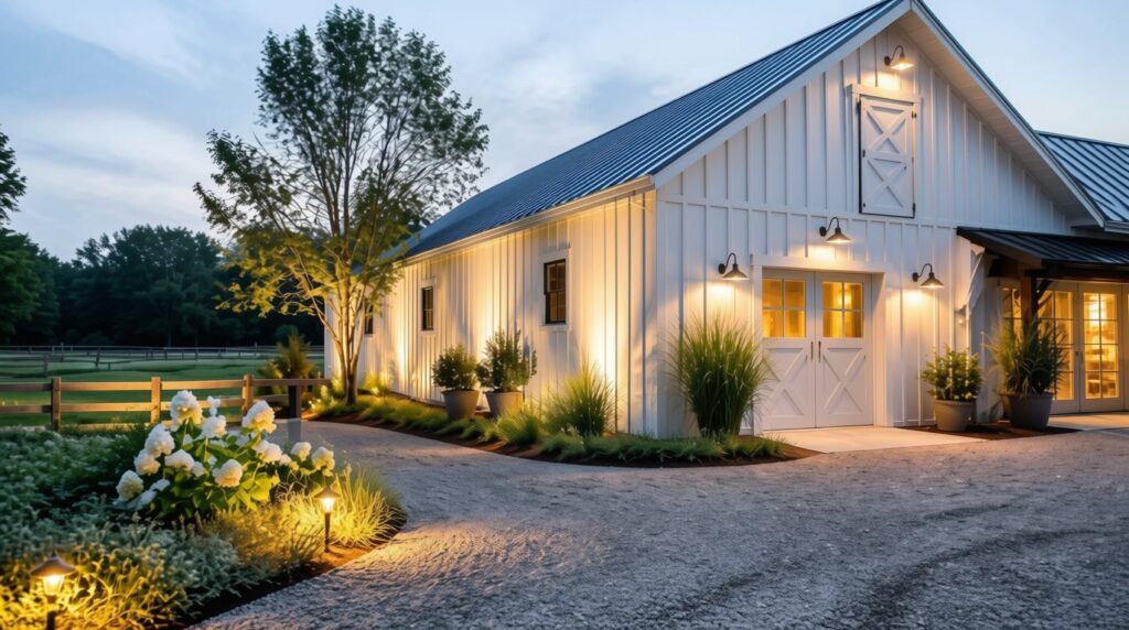 White barn farmhouse exterior outdoor accent lighting