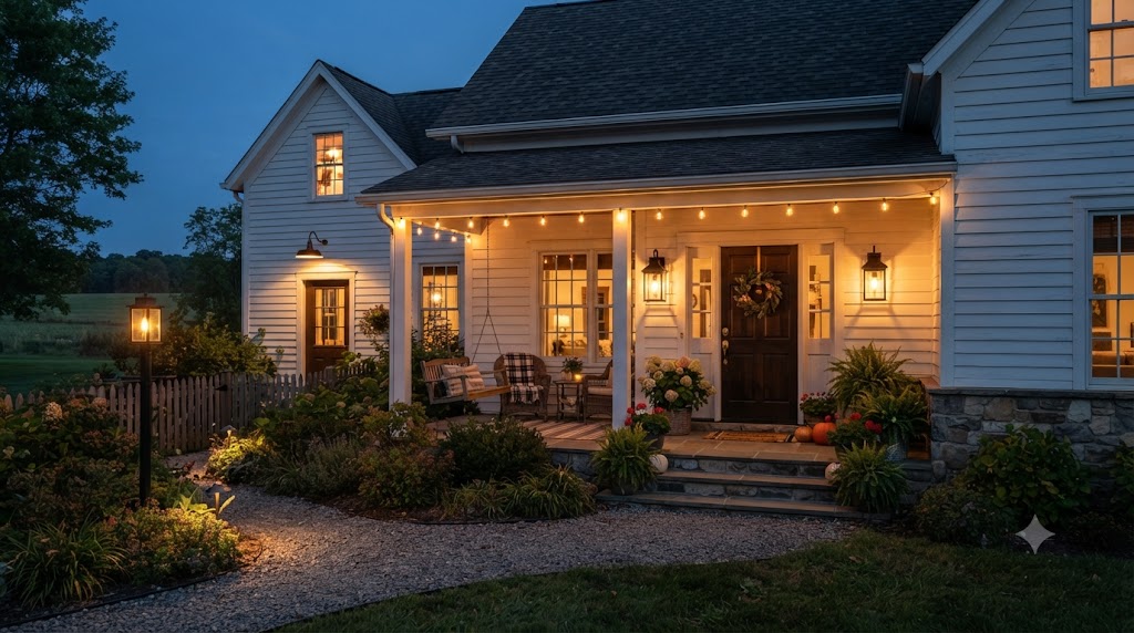 Farmhouse porch with warm string & lantern outdoor lighting