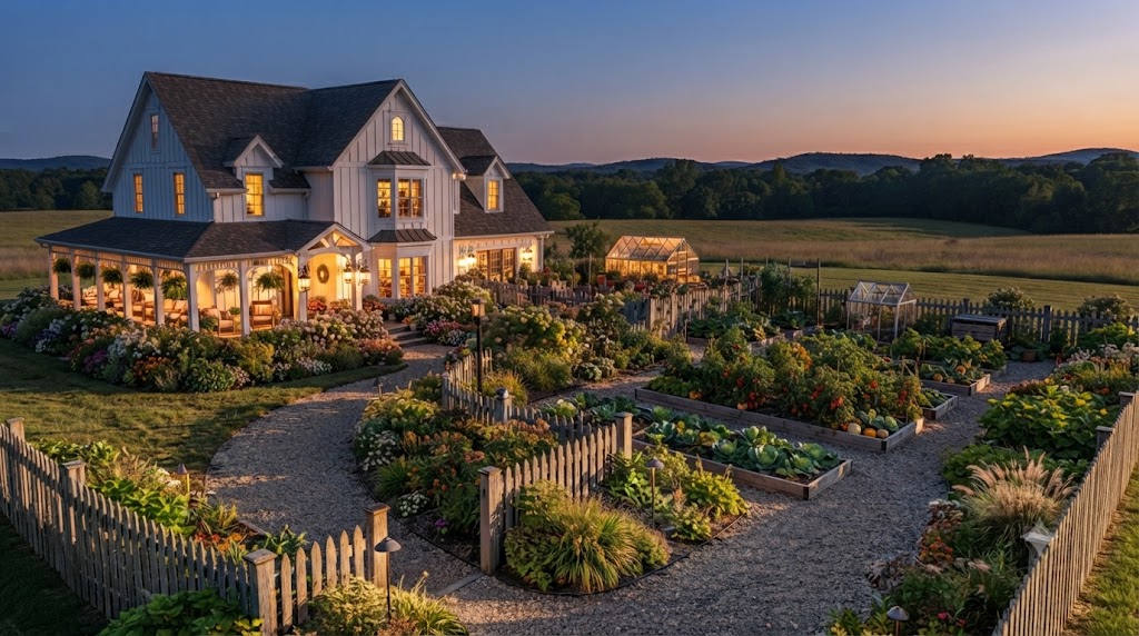 Country farmhouse garden layered outdoor landscape lighting