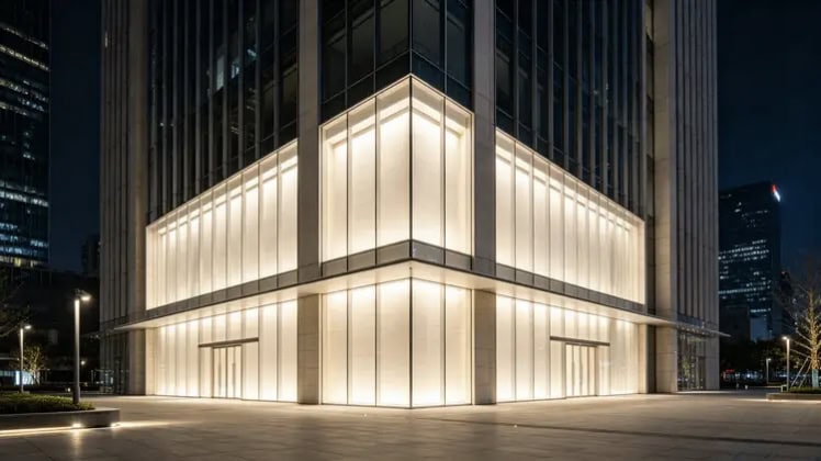 Modern office building facade illuminated by soft floodlight at night