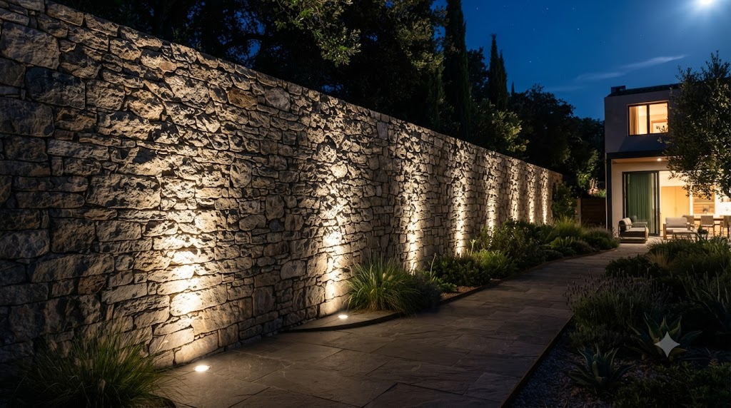 Garden stone retaining wall lit by outdoor wall grazer uplight fixtures