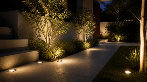 Outdoor in‑ground lights create soft ambient lighting for patio