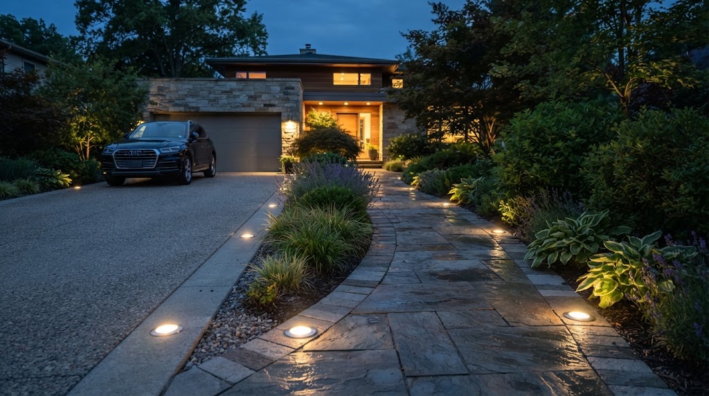 In‑ground light lines stone walkway for modern residential backyard
