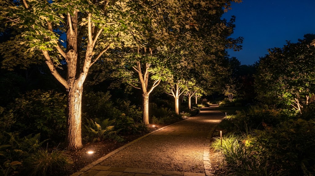 Landscape in‑ground light uplights tree trunks along garden path