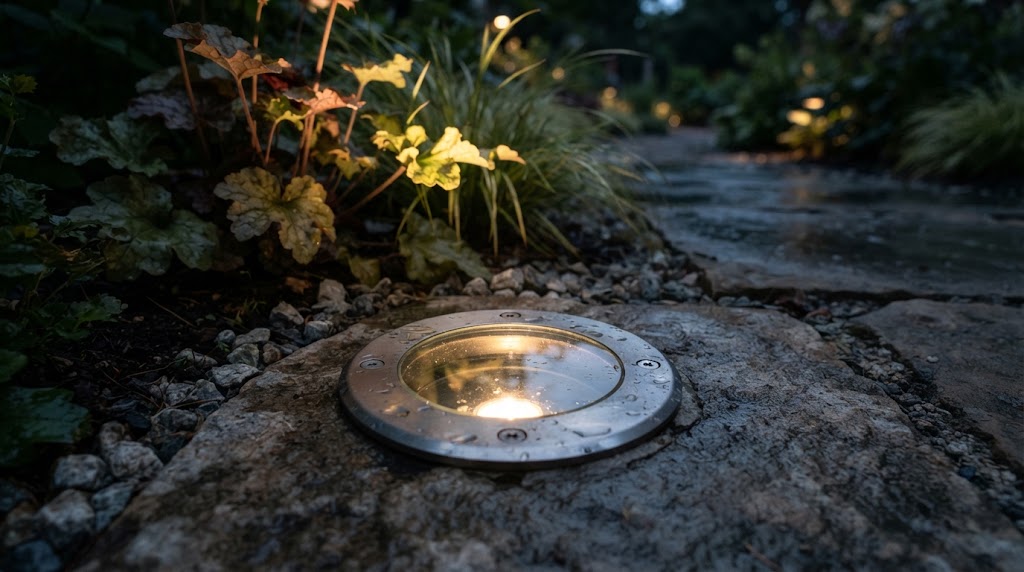 Waterproof in‑ground light sits on wet garden stone at dusk