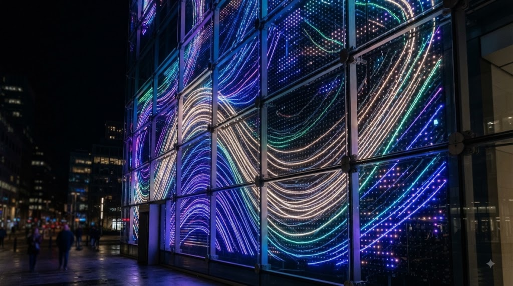 Flowing light streaks shape artistic visuals via modern media facade lighting