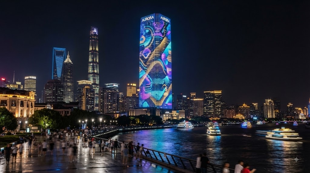 Dynamic media facade lighting illuminates a tall riverside skyscraper after dark