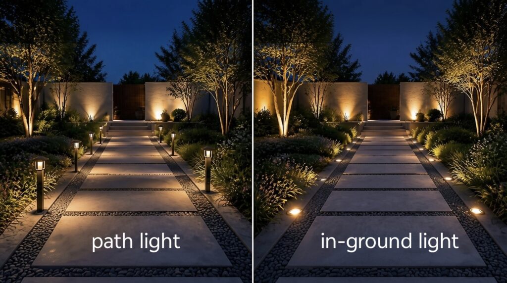 Outdoor bollard path lights and in‑ground lights are compared side‑by‑side on a residential garden pathway at dusk