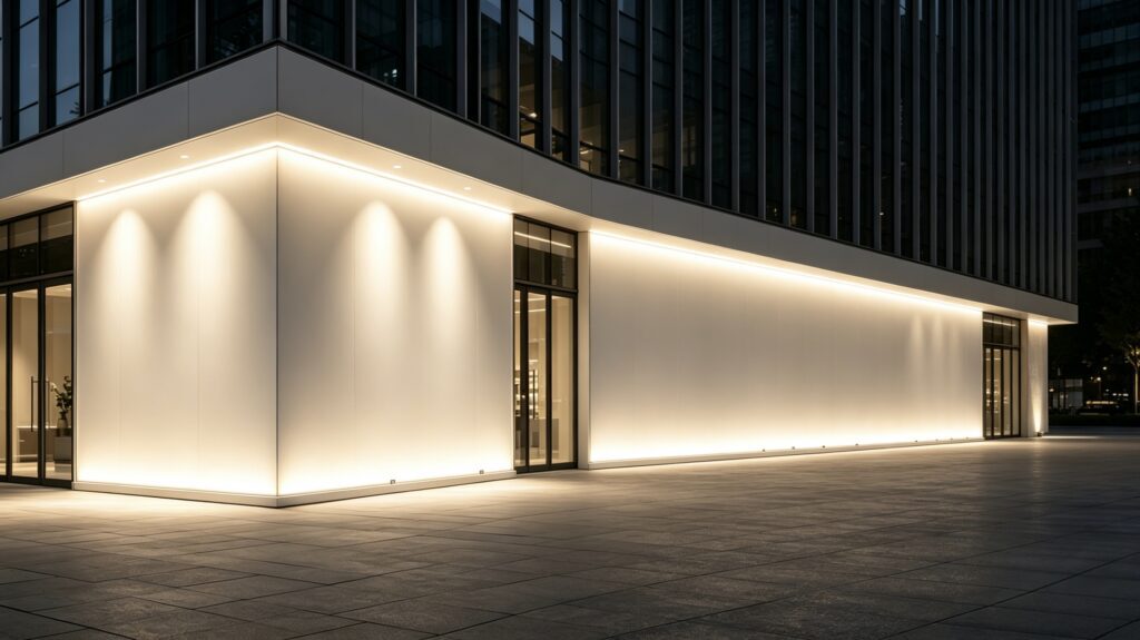 Modern building corner with warm wall washer facade lighting at night