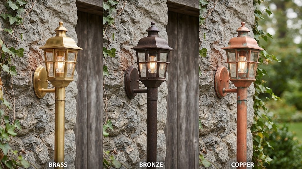 Three finish options, brass bronze copper vintage outdoor post lanterns