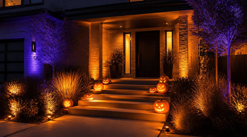 Halloween outdoor lighting decor on front porch steps with jack-o'-lanterns