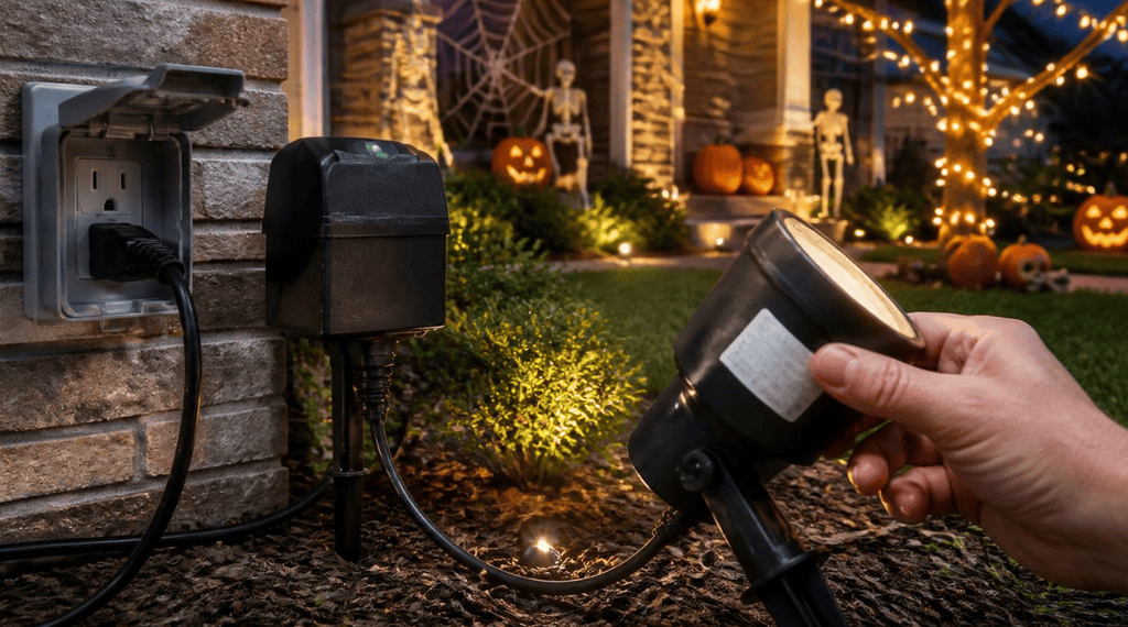 Installing Halloween outdoor lighting with low voltage landscape spotlights