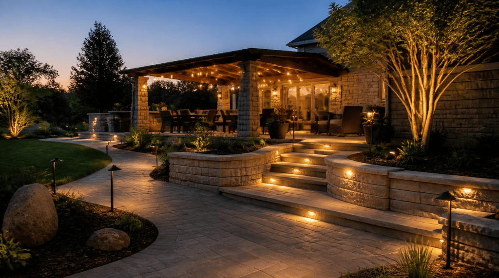 Luxury backyard patio with layered outdoor lighting on stone hardscaping