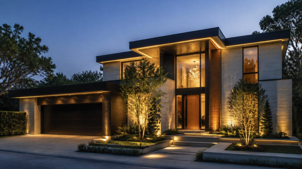 Sleek contemporary home with integrated architectural exterior lighting