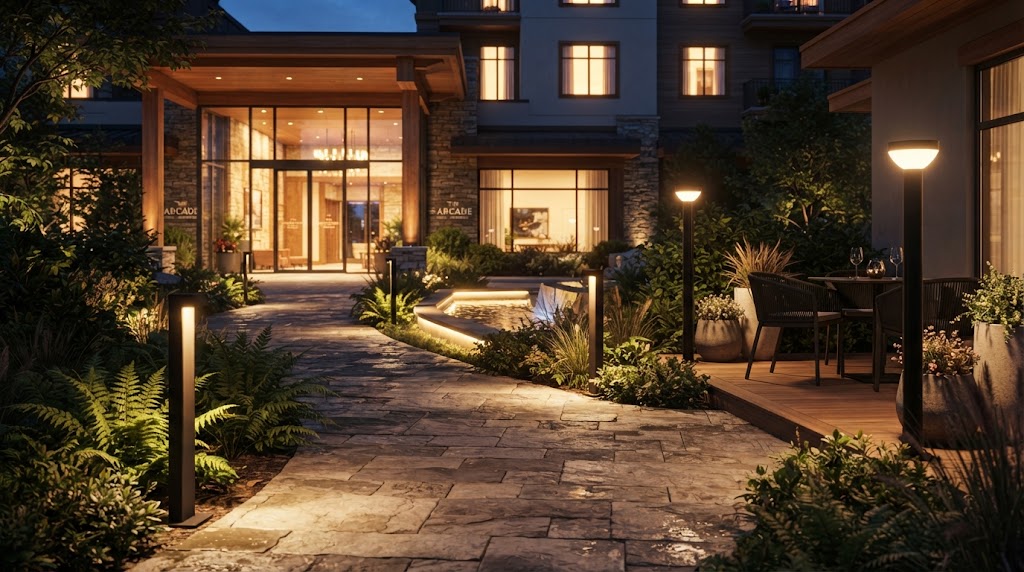 Modern hotel entrance with bollard lights along stone pathway at dusk
