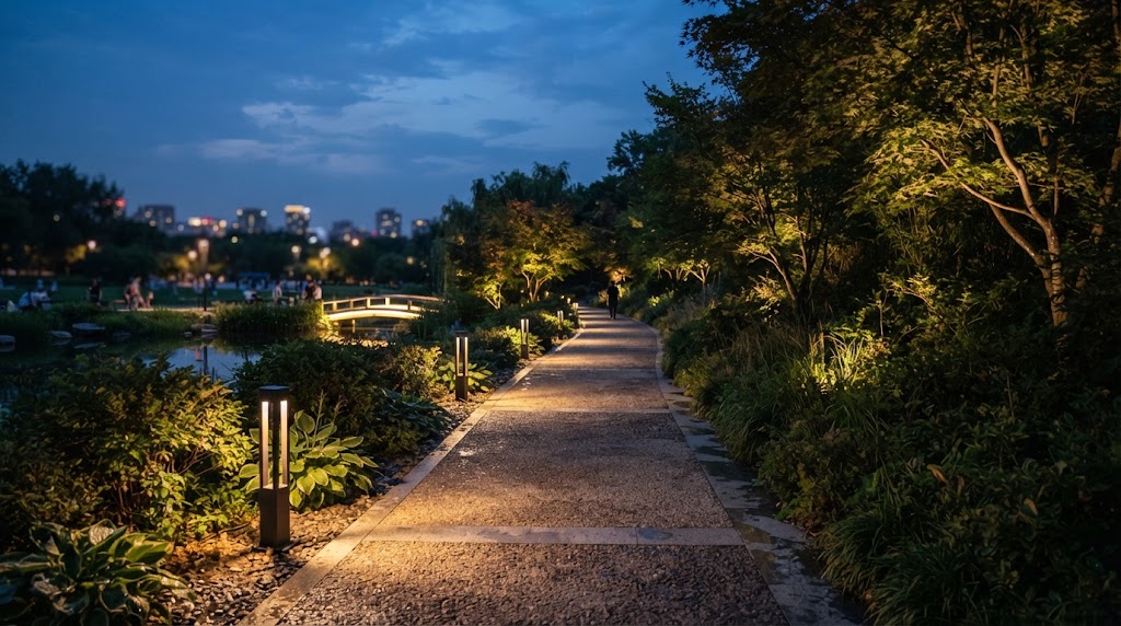 Park walkway lined with landscape bollard lights under evening sky