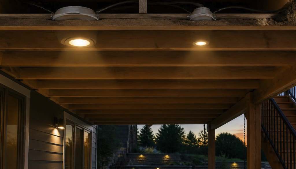 Recessed under deck lighting lights wooden deck ceiling at dusk