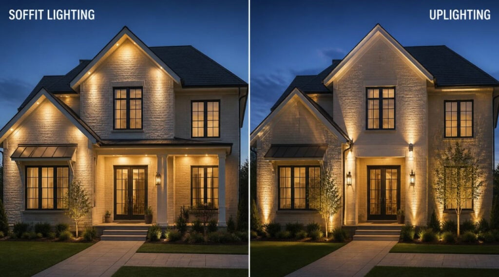Side-by-side comparison of soffit lighting vs uplighting on residential brick home