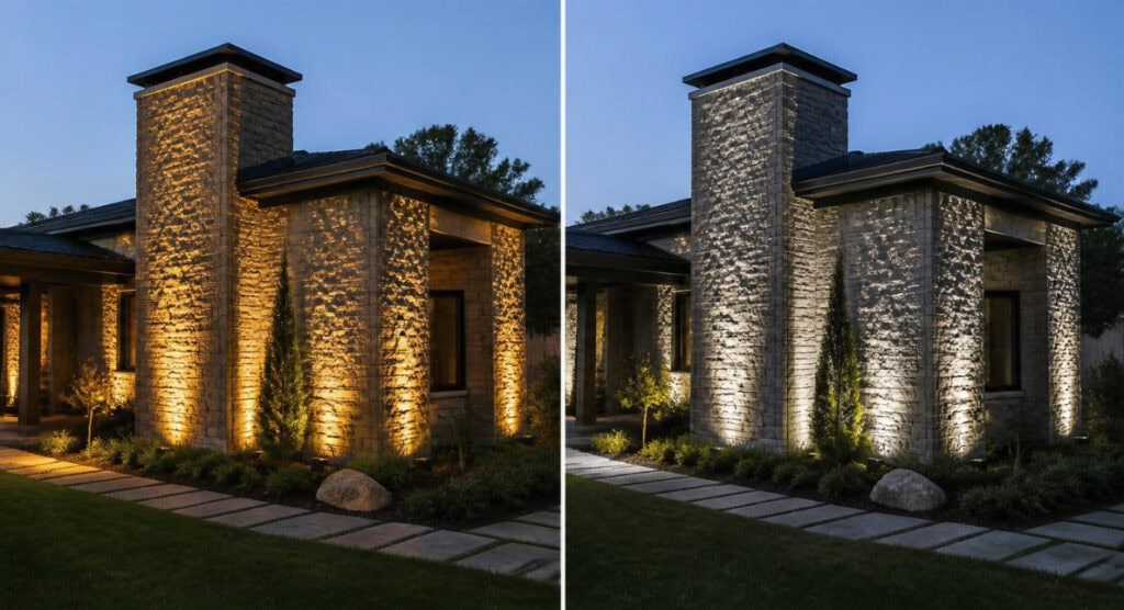 warm white vs cool white LED color temperature comparison on stone facade