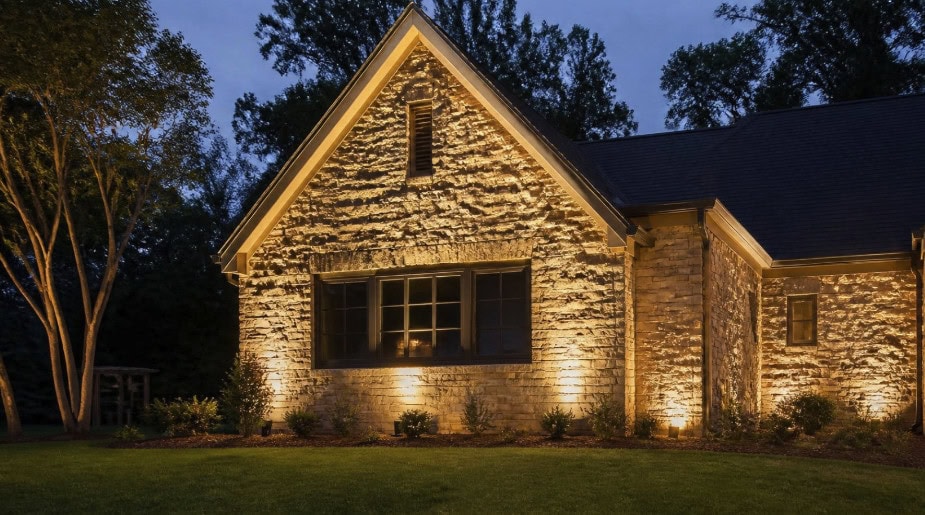 Rustic stone house facade lit by ground uplights highlighting stone texture