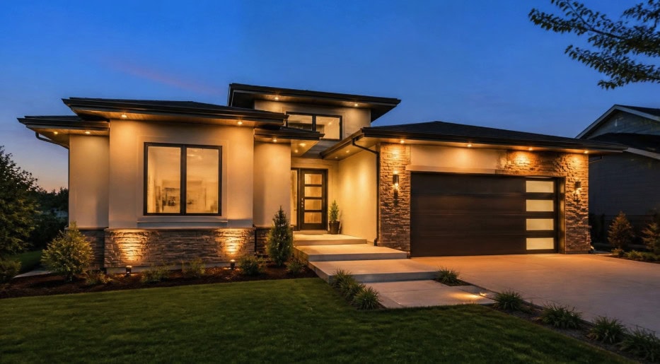 Modern two-story home with soffit lights and low wall uplighting at twilight