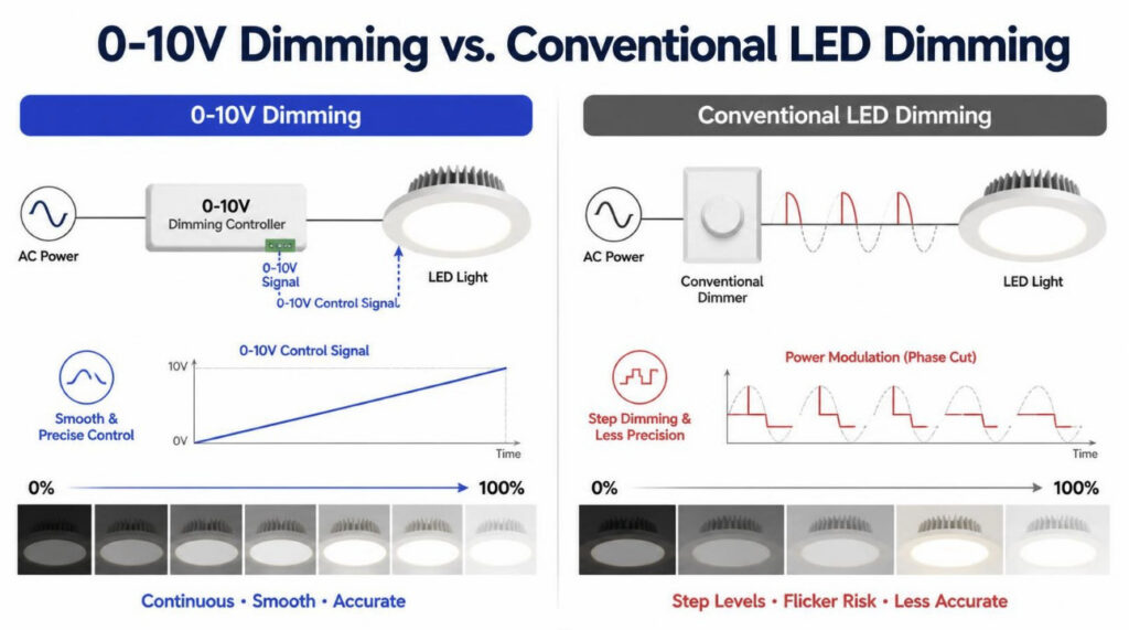 Diagram comparing 0-10V dimming vs traditional LED phase-cut dimming