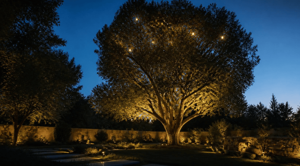 Hang Small LED Light Balls in mature tree canopy for elegant landscape uplighting
