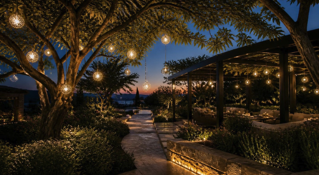 Hang Small LED Light Balls over pergola, warm glow for luxury outdoor lounge