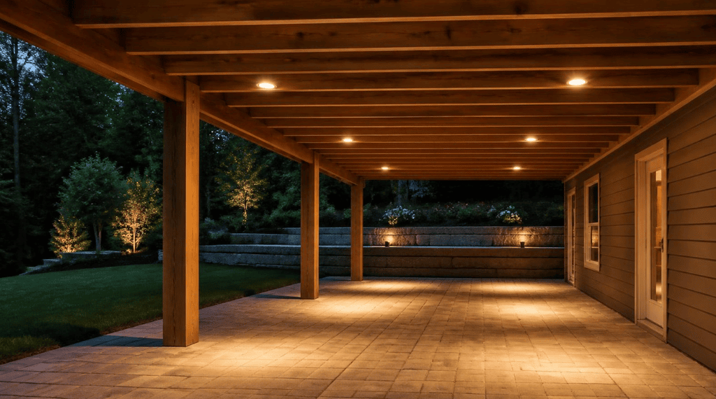 Under deck recessed lighting lights large paved backyard patio