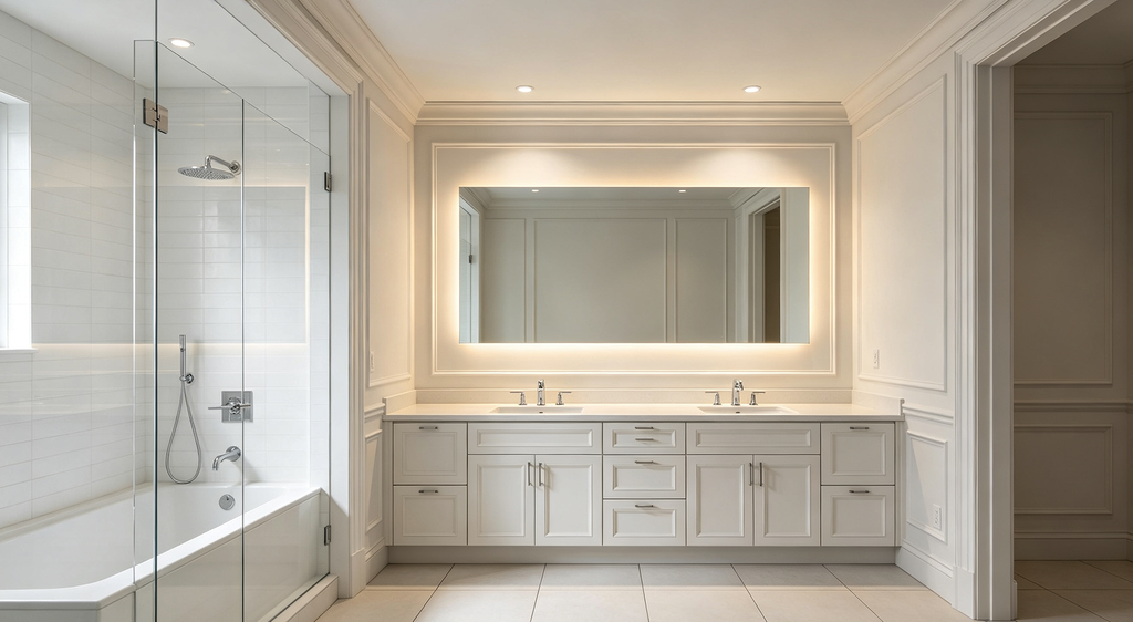 Traditional master bathroom with backlit mirror and recessed light