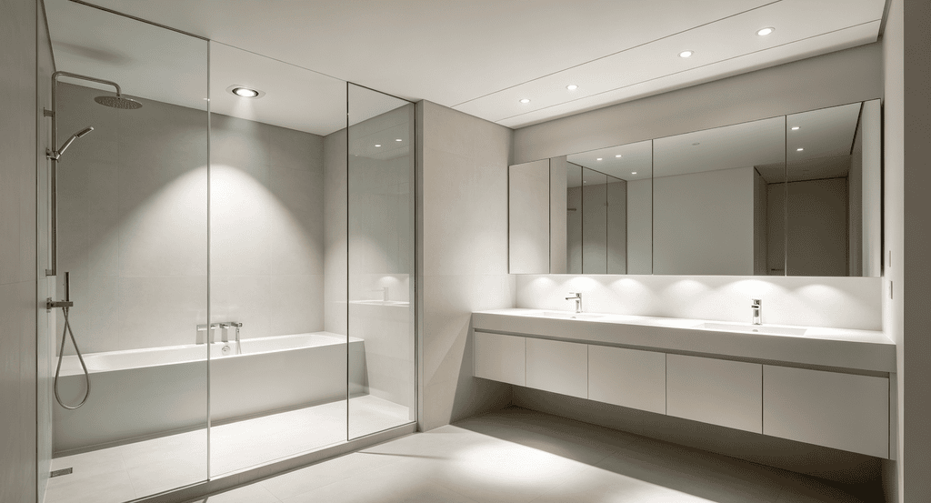 Minimal modern bathroom with big mirror and recessed light