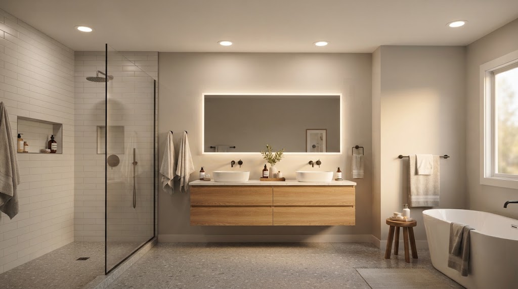 Warm bathroom with floating wood vanity, LED mirror and recessed light
