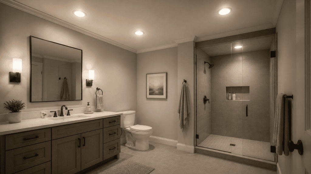 Neutral farmhouse bathroom, wall sconces, glass shower and recessed light